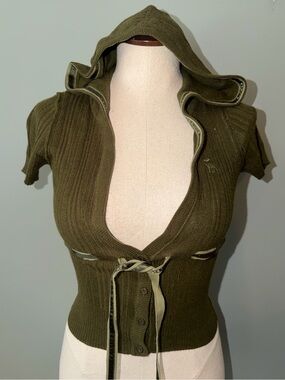 Abercrombie & Fitch Olive Green Ribbed Hooded Button-Front Top